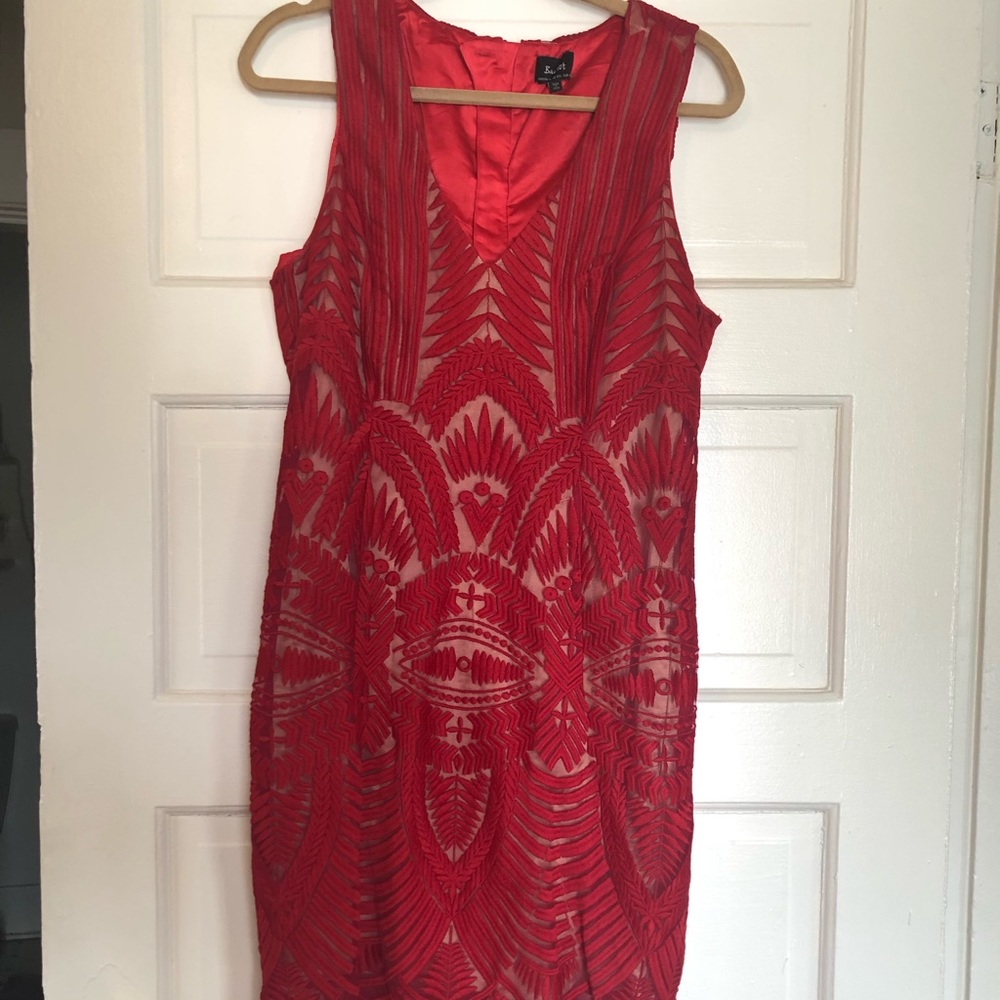 Bardot Embroidered Red Mesh Dress - Picture 2 of 6